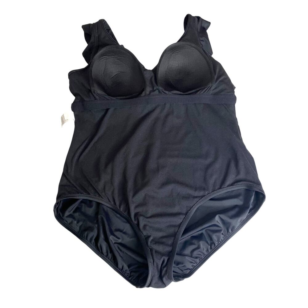 Time and Tru One Piece Swimsuit Black Ruffle Strap V Neck Size 2X 20W-22W Retro - Picture 10 of 16